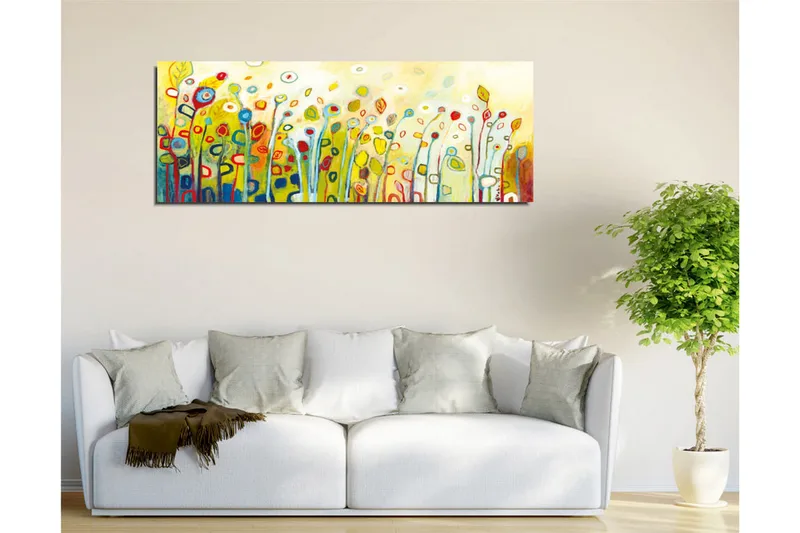 Lerretsbilde - Fargerik blomstereng med stiliserte blomster og blader - Grønn / Rød / Gul - Innredning - Bilder & kunst - Lerretsbilder