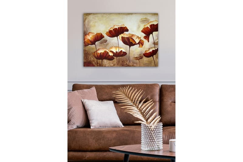 Lerretsbilde - Fargerik blomstereng med store, åpne blomster - Mørk rød / Oransje / Beige - Innredning - Bilder & kunst - Lerretsbilder