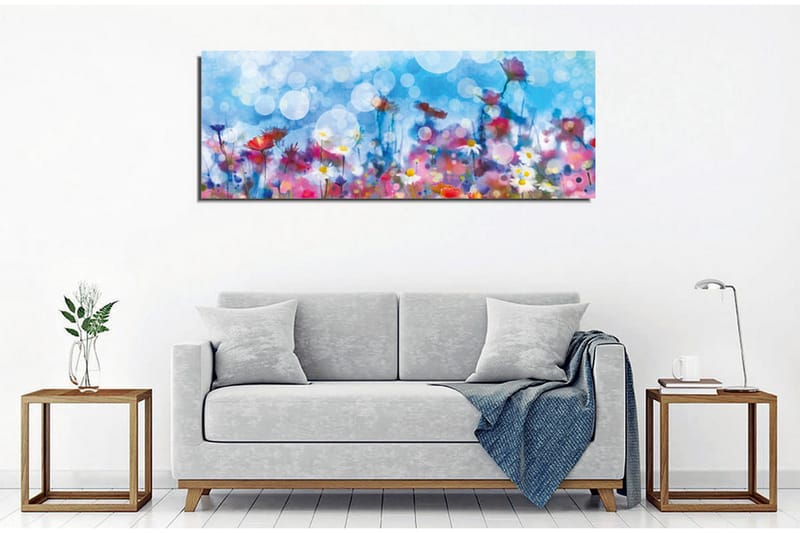 Lerretsbilde - Fargerik blomstereng med uskarpe lysprikker - Blå / Rosa / Hvit - Innredning - Bilder & kunst - Lerretsbilder