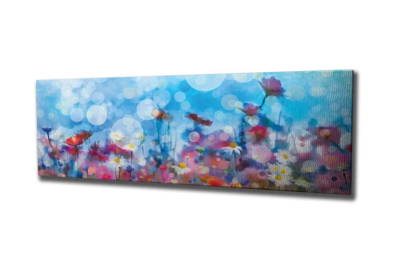 Lerretsbilde - Fargerik blomstereng med uskarpe lysprikker - Blå / Rosa / Hvit - Innredning - Bilder & kunst - Lerretsbilder