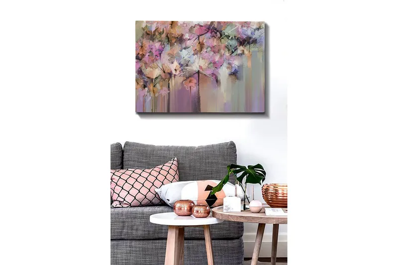 Lerretsbilde - Fargerik blomsterkomposisjon med abstrakte former - Lilla / Rosa / Beige - Innredning - Bilder & kunst - Lerretsbilder