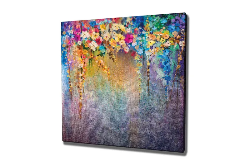 Lerretsbilde - Fargerik blomsterkomposisjon med hengende blomster - Lilla / Grønn / Rosa - Innredning - Bilder & kunst - Lerretsbilder