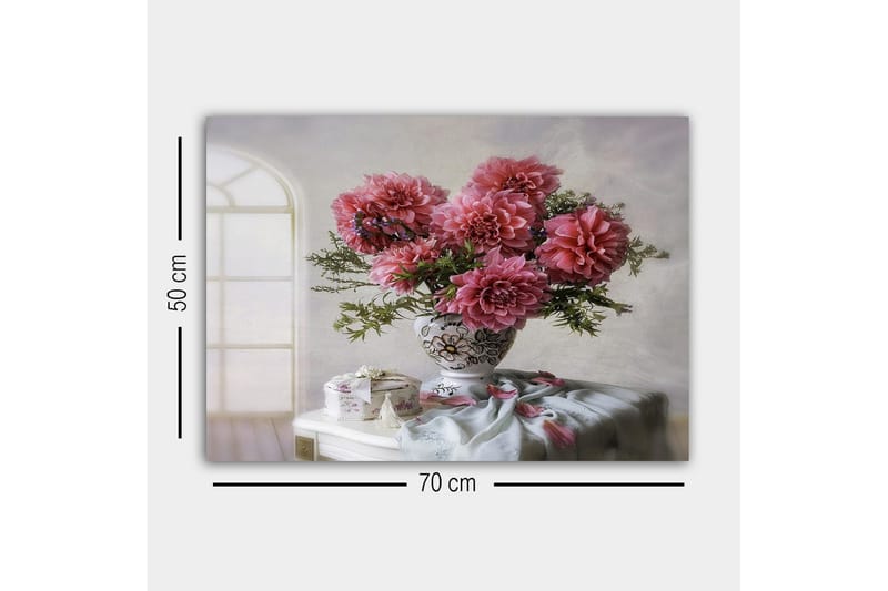 Lerretsbilde - Fargerik bukett med georginer i en vakker vase - Rosa / Grønn / Hvit - Innredning - Bilder & kunst - Lerretsbilder