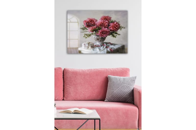 Lerretsbilde - Fargerik bukett med georginer i en vakker vase - Rosa / Grønn / Hvit - Innredning - Bilder & kunst - Lerretsbilder