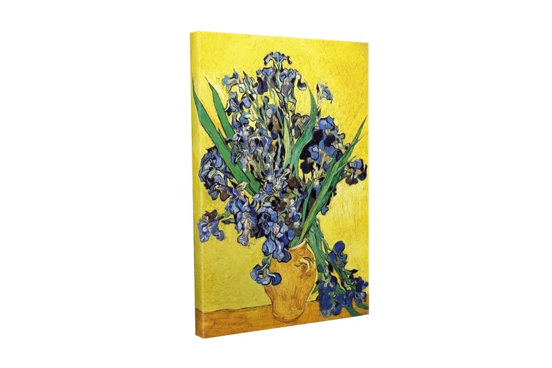 Lerretsbilde - Fargerik bukett med irisblomster i en potte, Blå / Grønn / Gul