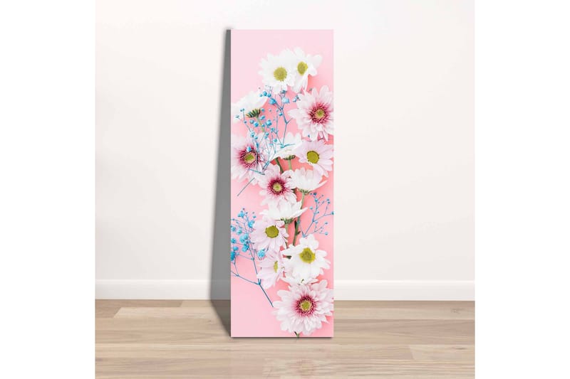 Lerretsbilde - Fargerik bukett med tusenfryd og blomster på rosa bakgrunn - Rosa / Hvit / Blå - Innredning - Bilder & kunst - Lerretsbilder