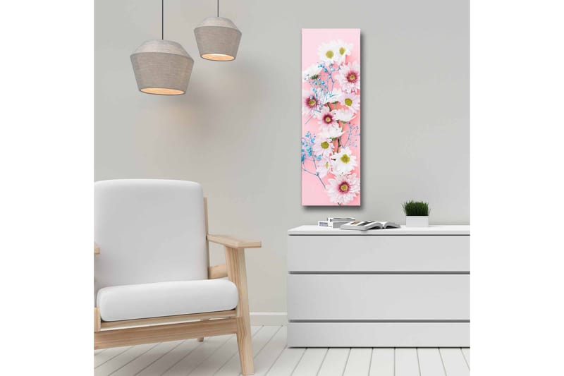 Lerretsbilde - Fargerik bukett med tusenfryd og blomster på rosa bakgrunn - Rosa / Hvit / Blå - Innredning - Bilder & kunst - Lerretsbilder