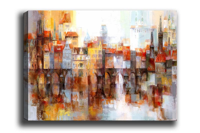 Lerretsbilde - Fargerik bybilde med historiske bygninger og broer, Oransje / Blå / Beige