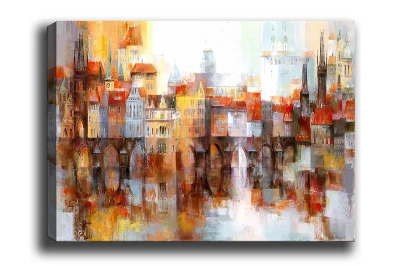 Lerretsbilde - Fargerik bybilde med historiske bygninger og broer, Oransje / Blå / Beige