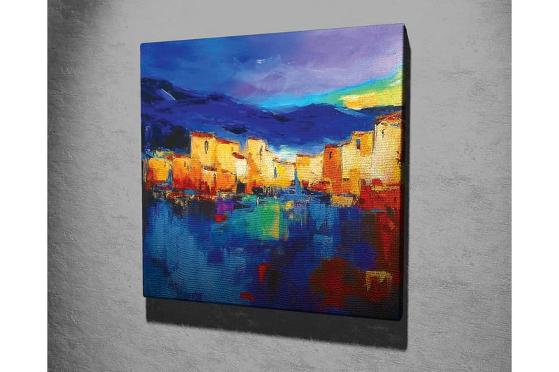 Lerretsbilde - Fargerik bybilde ved vannet med refleksjoner - Blå / Oransje / Gul - Innredning - Bilder & kunst - Lerretsbilder