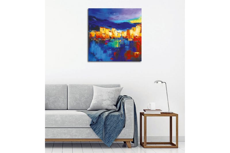 Lerretsbilde - Fargerik bybilde ved vannet med refleksjoner - Blå / Oransje / Gul - Innredning - Bilder & kunst - Lerretsbilder