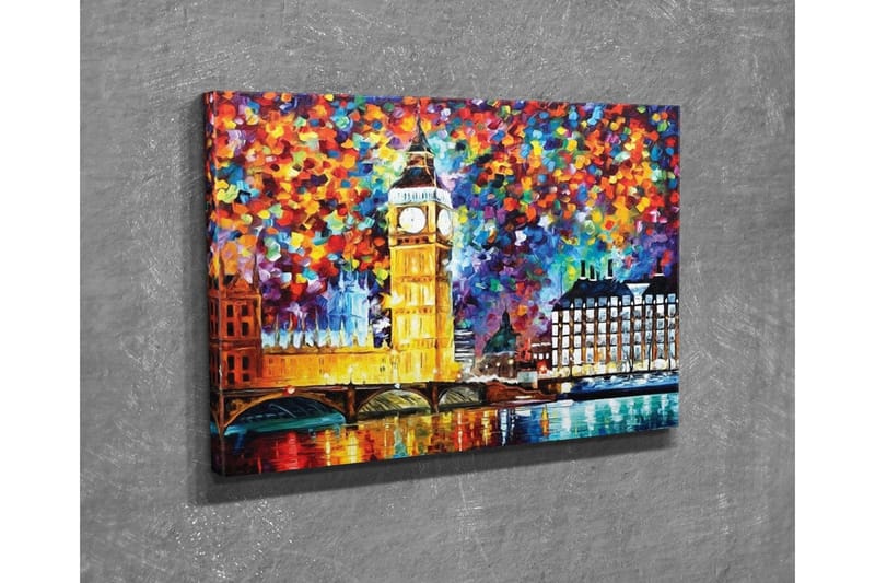 Lerretsbilde - Fargerik bysilhuett med Big Ben og Themsen - Gull / Blå / Rød - Innredning - Bilder & kunst - Lerretsbilder