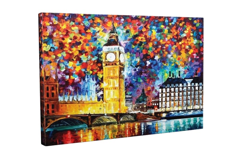 Lerretsbilde - Fargerik bysilhuett med Big Ben og Themsen, Gull / Blå / Rød