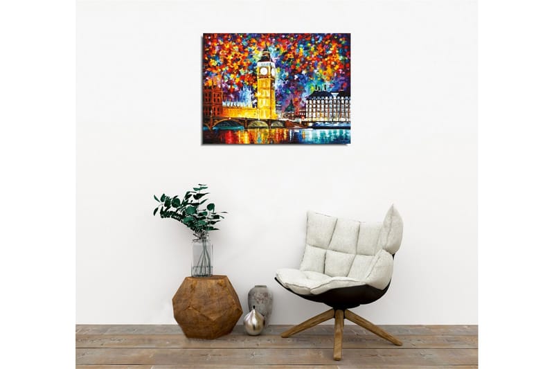 Lerretsbilde - Fargerik bysilhuett med Big Ben og Themsen - Gull / Blå / Rød - Innredning - Bilder & kunst - Lerretsbilder