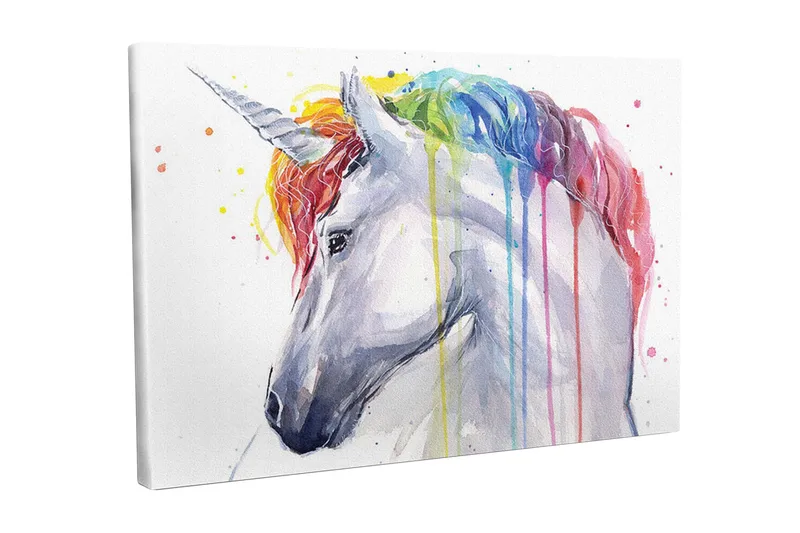 Lerretsbilde - Fargerik enhjørning med regnbuefarget man og dryppende maling, Hvit / Regnbue (rød / Oransje