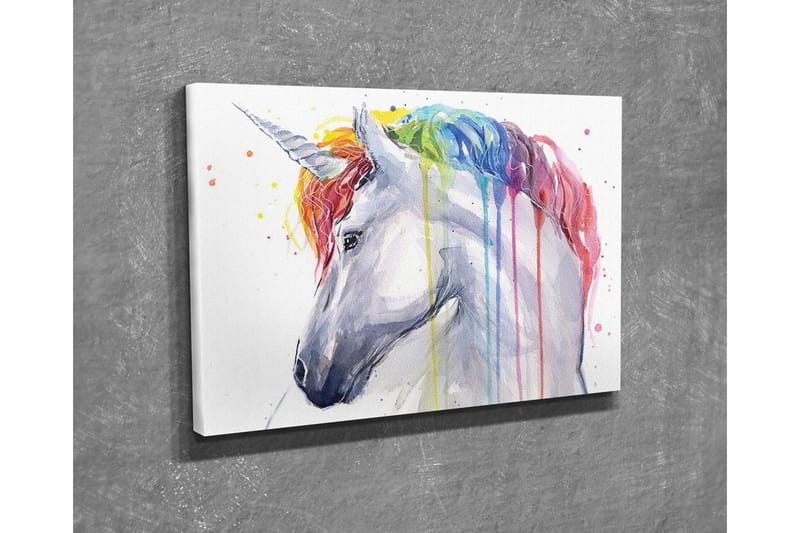 Lerretsbilde - Fargerik enhjørning med regnbuefarget man og dryppende maling - Hvit / Regnbue (rød / Oransje - Innredning - Bilder & kunst - Lerretsbilder