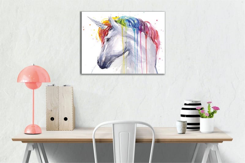 Lerretsbilde - Fargerik enhjørning med regnbuefarget man og dryppende maling - Hvit / Regnbue (rød / Oransje - Innredning - Bilder & kunst - Lerretsbilder
