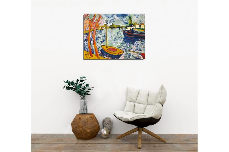 Lerretsbilde - Fargerik havn med seilbåter og trær i forgrunnen - Blå / Oransje / Grønn - Innredning - Bilder & kunst - Lerretsbilder