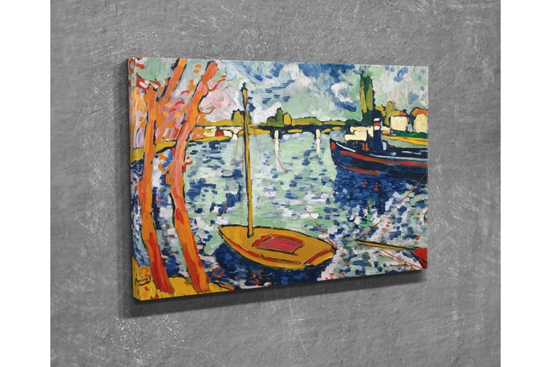 Lerretsbilde - Fargerik havn med seilbåter og trær i forgrunnen - Blå / Oransje / Grønn - Innredning - Bilder & kunst - Lerretsbilder