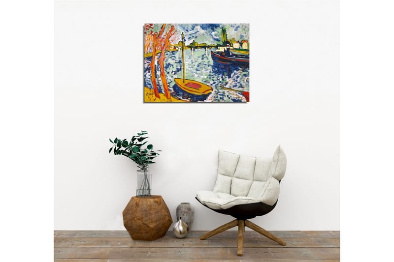 Lerretsbilde - Fargerik havn med seilbåter og trær i forgrunnen - Blå / Oransje / Grønn - Innredning - Bilder & kunst - Lerretsbilder