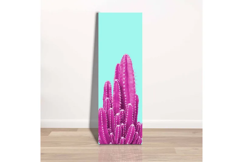 Lerretsbilde - Fargerik kaktus mot en lyseblå bakgrunn - Lys blå / Rosa - Innredning - Bilder & kunst - Lerretsbilder