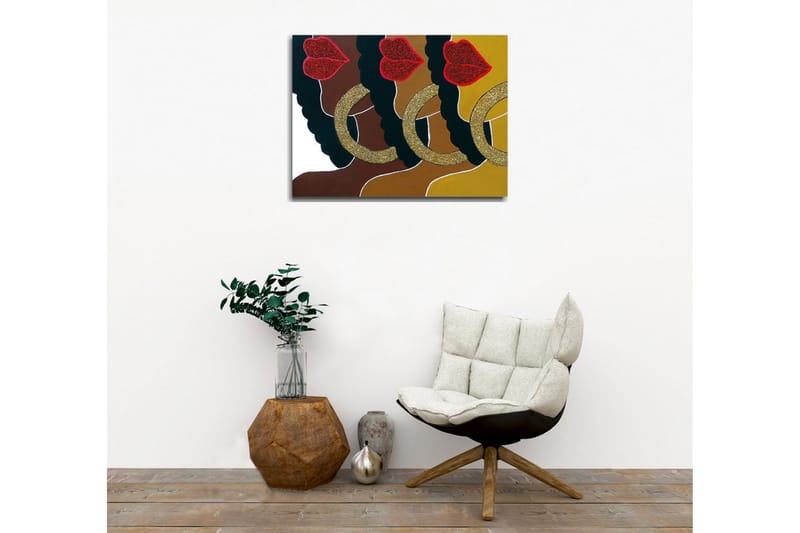 Lerretsbilde - Fargerik komposisjon av ansikter med glitrende lepper og store øredobber - Mørk brun / Gull / Rød - Innredning - Bilder & kunst - Lerretsbilder