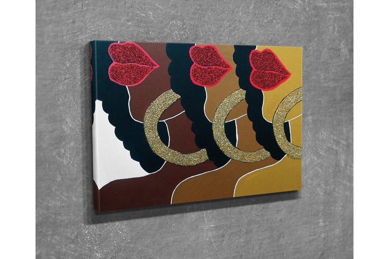 Lerretsbilde - Fargerik komposisjon av ansikter med glitrende lepper og store øredobber - Mørk brun / Gull / Rød - Innredning - Bilder & kunst - Lerretsbilder