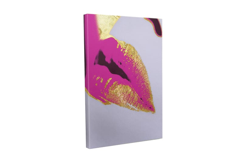 Lerretsbilde - Fargerik leppetrykk med gulldetaljer, Rosa / Gull