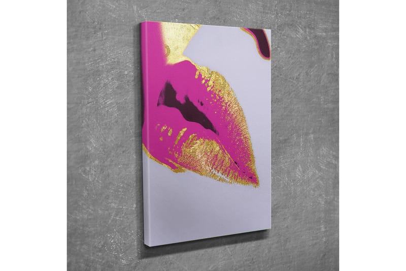 Lerretsbilde - Fargerik leppetrykk med gulldetaljer - Rosa / Gull - Innredning - Bilder & kunst - Lerretsbilder