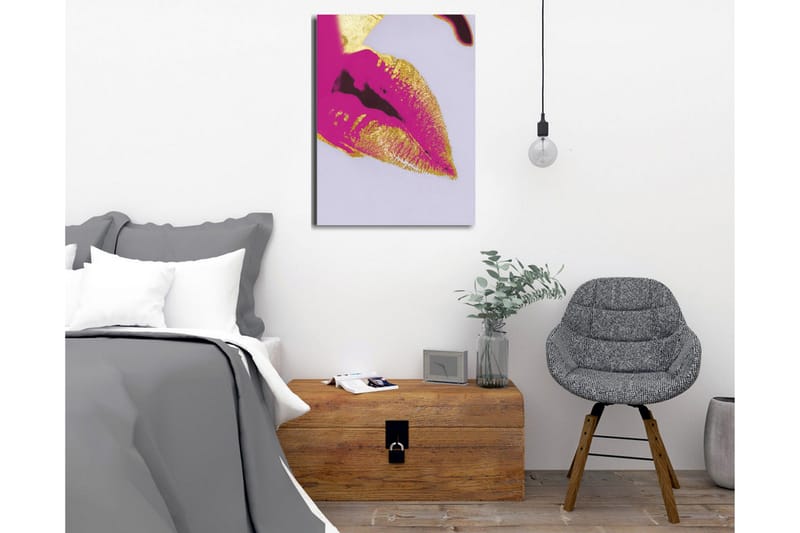 Lerretsbilde - Fargerik leppetrykk med gulldetaljer - Rosa / Gull - Innredning - Bilder & kunst - Lerretsbilder