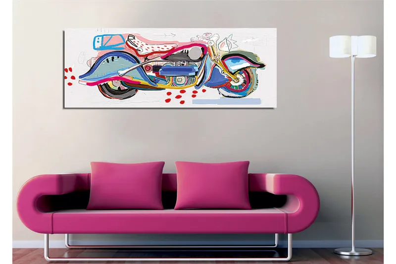 Lerretsbilde - Fargerik motorsykkel i en leken stil - Blå / Rosa / Rød - Innredning - Bilder & kunst - Lerretsbilder