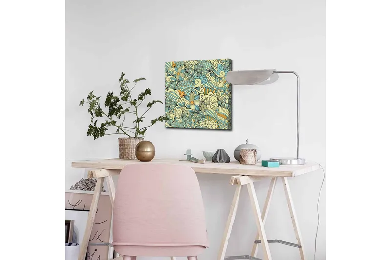 Lerretsbilde - Fargerik og detaljert mønsterdesign med blomster og buede former - Lys blå / Beige / Oransje - Innredning - Bilder & kunst - Lerretsbilder
