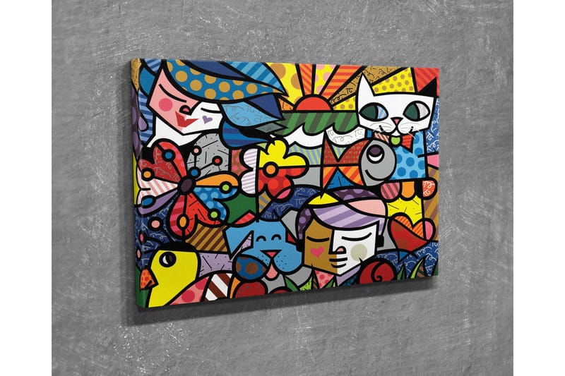 Lerretsbilde - Fargerik samling av dyr og mennesker i en leken komposisjon - Rød / Blå / Gul - Innredning - Bilder & kunst - Lerretsbilder