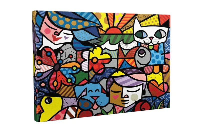 Lerretsbilde - Fargerik samling av dyr og mennesker i en leken komposisjon - Rød / Blå / Gul - Innredning - Bilder & kunst - Lerretsbilder