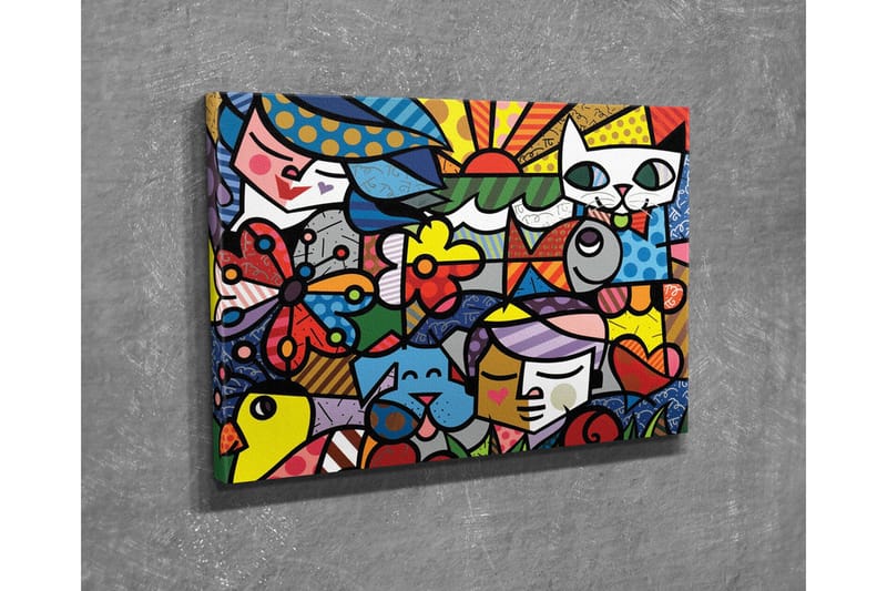 Lerretsbilde - Fargerik samling av dyr og mennesker i en leken komposisjon - Rød / Blå / Gul - Innredning - Bilder & kunst - Lerretsbilder