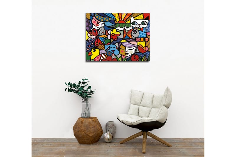 Lerretsbilde - Fargerik samling av dyr og mennesker i en leken komposisjon - Rød / Blå / Gul - Innredning - Bilder & kunst - Lerretsbilder