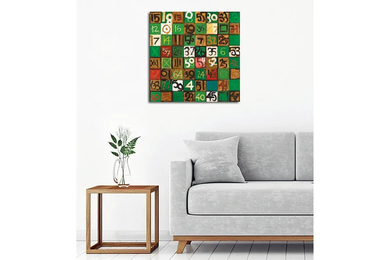 Lerretsbilde - Fargerik sammensetning av tall i forskjellige firkanter - Grønn / Brun / Hvit - Innredning - Bilder & kunst - Lerretsbilder