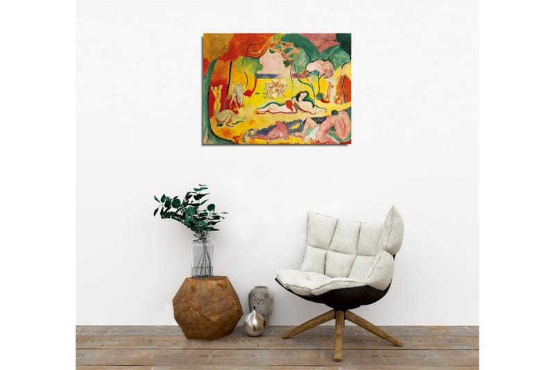 Lerretsbilde - Fargerik skildring av nakne figurer i et naturscene - Gul / Rød / Grønn - Innredning - Bilder & kunst - Lerretsbilder