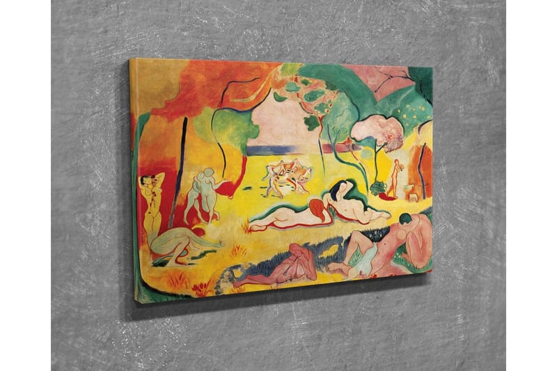 Lerretsbilde - Fargerik skildring av nakne figurer i et naturscene - Gul / Rød / Grønn - Innredning - Bilder & kunst - Lerretsbilder