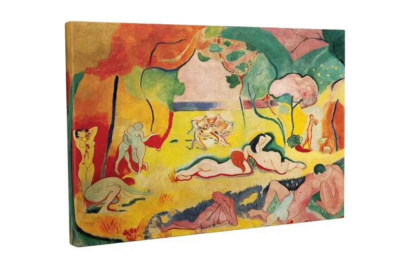 Lerretsbilde - Fargerik skildring av nakne figurer i et naturscene, Gul / Rød / Grønn