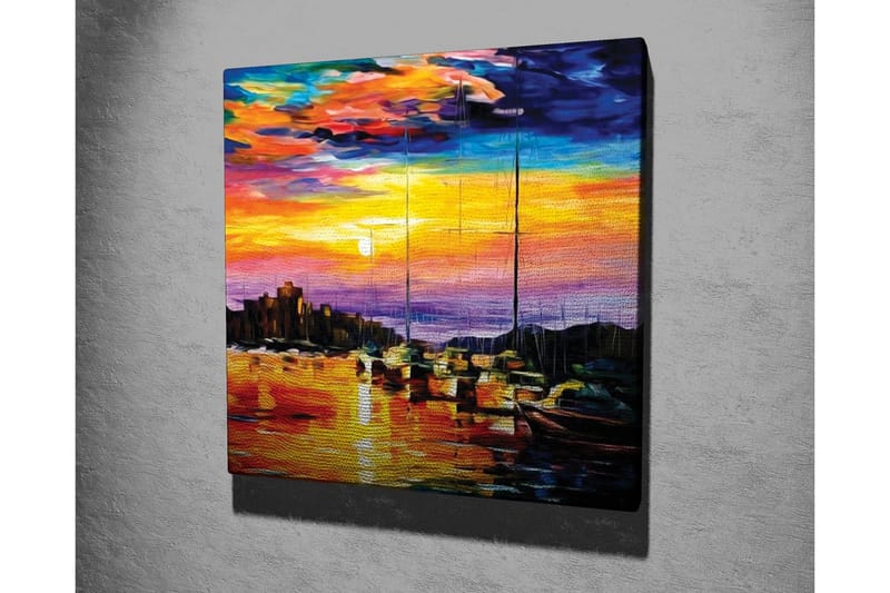 Lerretsbilde - Fargerik solnedgang over en havn med seilbåter - Oransje / Lilla / Blå - Innredning - Bilder & kunst - Lerretsbilder