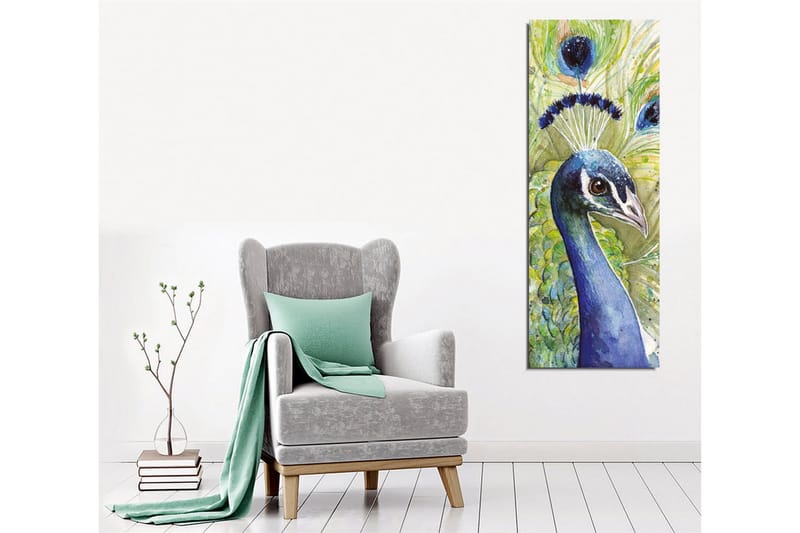Lerretsbilde - Fargerik påfugl med utsmykket fjærdrakt - Blå / Grønn / Svart - Innredning - Bilder & kunst - Lerretsbilder