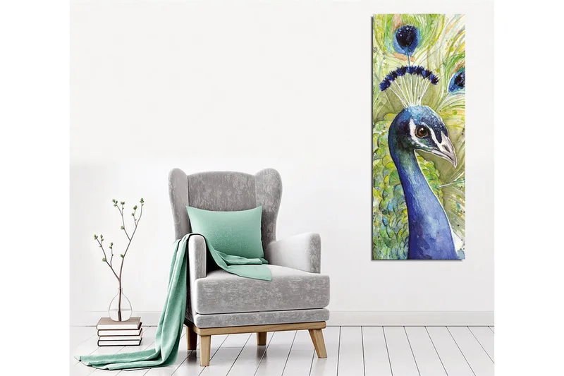Lerretsbilde - Fargerik påfugl med utsmykket fjærdrakt - Blå / Grønn / Svart - Innredning - Bilder & kunst - Lerretsbilder