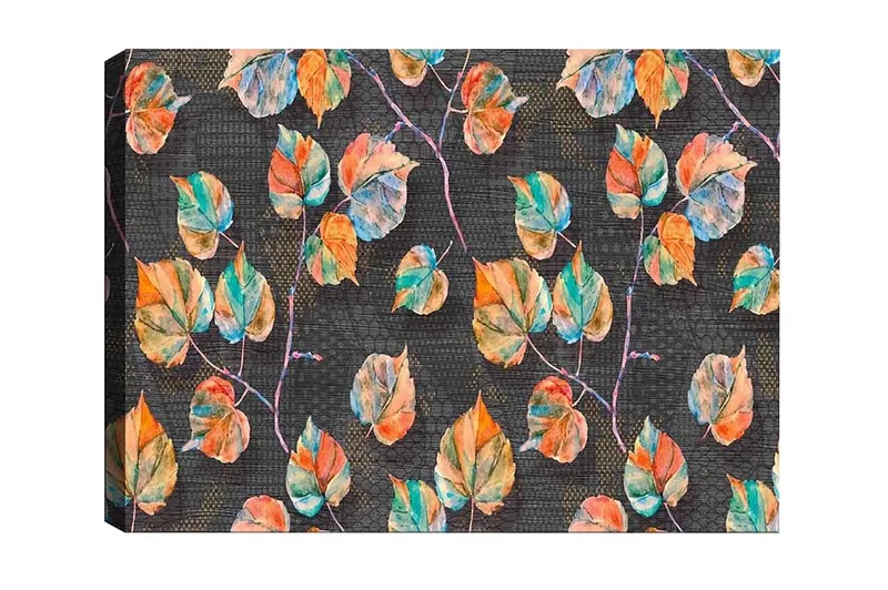 Lerretsbilde - Fargerike blader mot en mørk bakgrunn, Grønn / Oransje / Blå