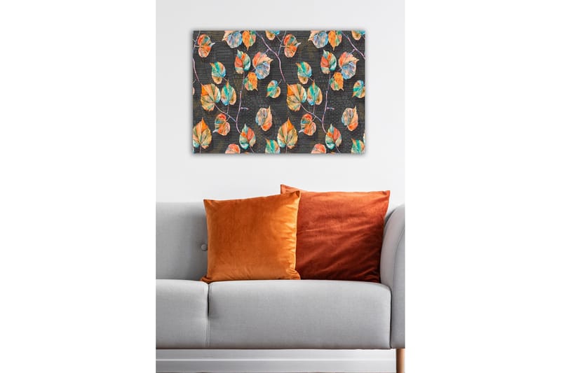 Lerretsbilde - Fargerike blader mot en mørk bakgrunn - Grønn / Oransje / Blå - Innredning - Bilder & kunst - Lerretsbilder
