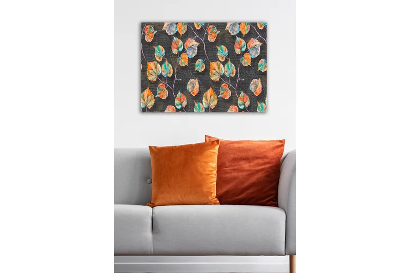 Lerretsbilde - Fargerike blader mot en mørk bakgrunn - Grønn / Oransje / Blå - Innredning - Bilder & kunst - Lerretsbilder
