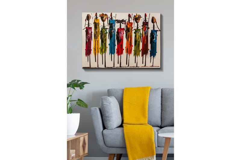 Lerretsbilde - Fargerike figurer med tradisjonelle klær og gjenstander - Rød / Grønn / Gul - Innredning - Bilder & kunst - Lerretsbilder