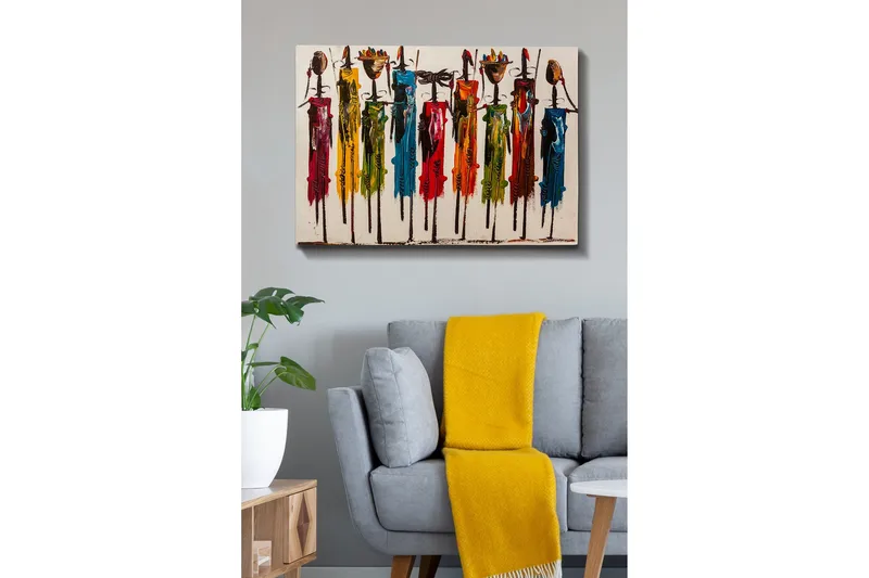 Lerretsbilde - Fargerike figurer med tradisjonelle klær og gjenstander - Rød / Grønn / Gul - Innredning - Bilder & kunst - Lerretsbilder