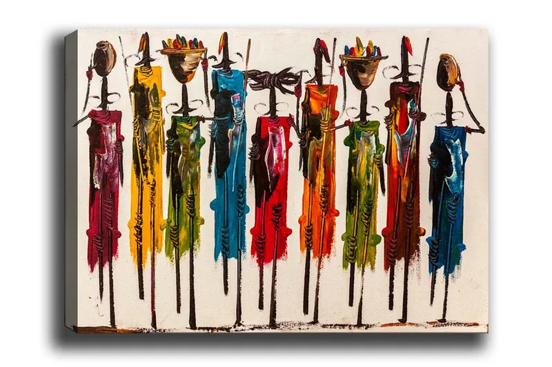 Lerretsbilde - Fargerike figurer med tradisjonelle klær og gjenstander, Rød / Grønn / Gul