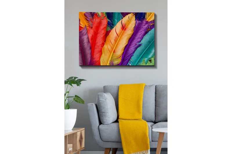 Lerretsbilde - Fargerike fjær i forskjellige nyanser - Rød / Lilla / Oransje - Innredning - Bilder & kunst - Lerretsbilder